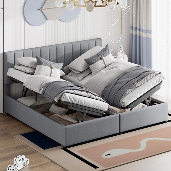 Fortuna Lai Lit rembourré 180x200 cm, H, lit double avec espace de rangement, lit fonctionnel hydraulique, lit double multifonctionnel,pour adultes & adolescents, lin, gris
