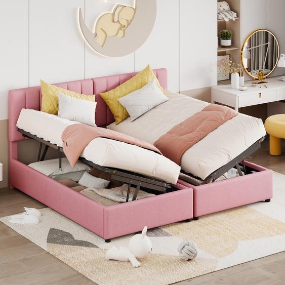 Fortuna Lai Lit rembourré 180x200 cm, H, lit double avec espace de rangement, lit fonctionnel hydraulique, lit double multifonctionnel,pour adultes & adolescents, lin, rose