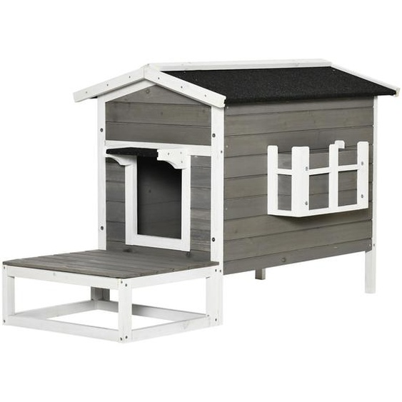Fortuna Lai Maison pour chats avec terrasse et balcon pour chats et chiens, bois de sapin gris et blanc, 115 x 66,5 x 74,7 cm