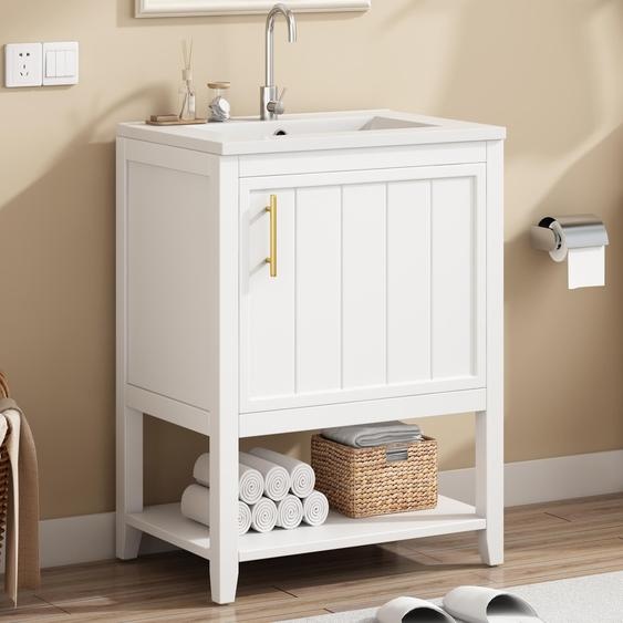 Fortuna Lai Meuble de salle de bain Lavabo simple, meuble sous lavabo 60 cm avec lavabo en céramique, avec tablette, blanc