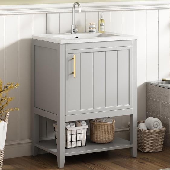 Fortuna Lai Meuble de salle de bain Lavabo simple, meuble sous lavabo 60 cm avec lavabo en céramique, avec tablette, gris clair