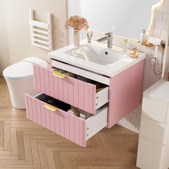 Fortuna Lai Meuble sous-vasque suspendu avec lavabo, double rangement, MDF résistant à lhumidité, lavabo en céramique résistant aux salissures, surface mélaminée sans vernis, peu encombrant, couleur rose