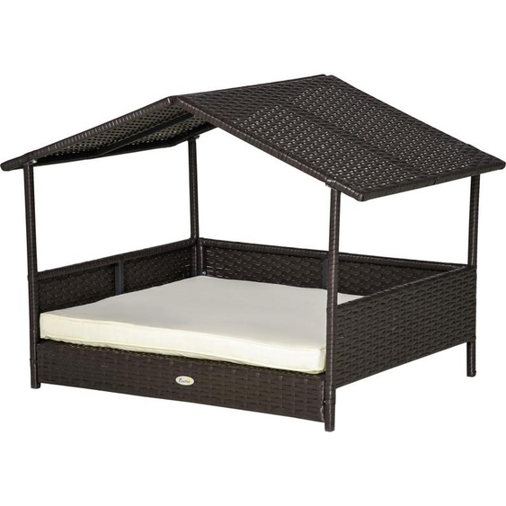 Fortuna Lai Nichoir en rotin avec coussin 98 x 69 x 73 cm Lit pour chien format maison Nichoir dextérieur avec cadre en acier PP marron café