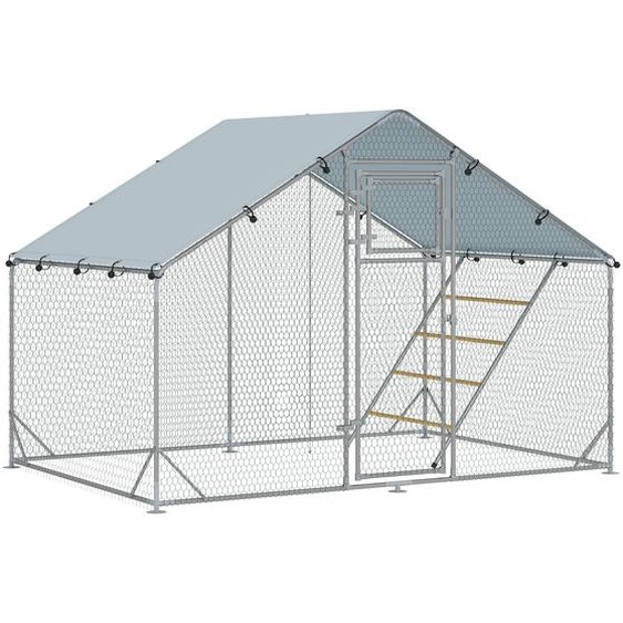 Fortuna Lai Poulailler Enclos extérieur en acier, 300 x 200 x 195 cm Cage à poules avec couverture résistante aux UV, porte dalimentation, mangeoire suspendue, perchoir, enclos pour 6 à 8 poules, petits animaux, argent