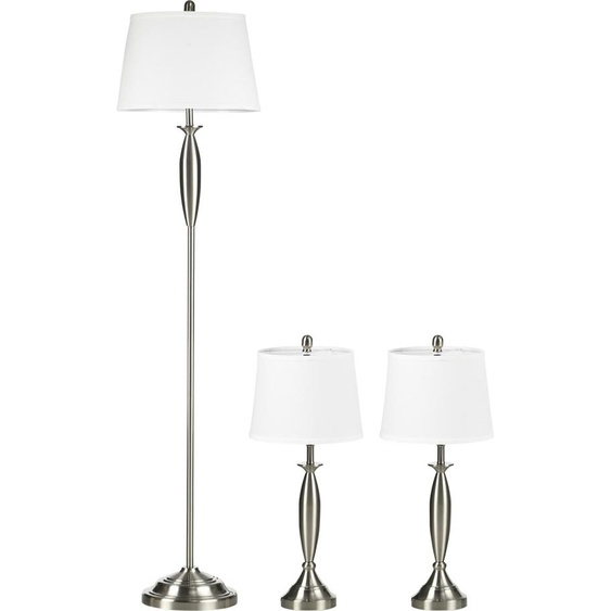 Fortuna Lai Set de 3 lampes Lampadaire et 2 lampes de table E27 Argent et blanc pour salon chambre à coucher éclairage moderne