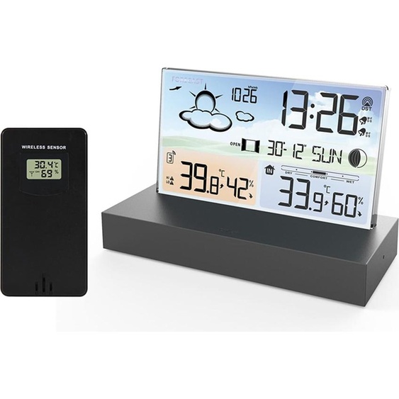 Fortuna Lai Stations météo radio avec capteur extérieur avec prévisions météo, avertissement de température, horloge radio RF - fonctionnement sur piles et câble dalimentation USB, en design verre transparent avec affichage, noble et moderne