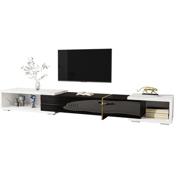 Fortuna Lai Support TV extensible 140-260 cm - pivotant, aspect marbre noir, blanc mat & brillant, design moderne