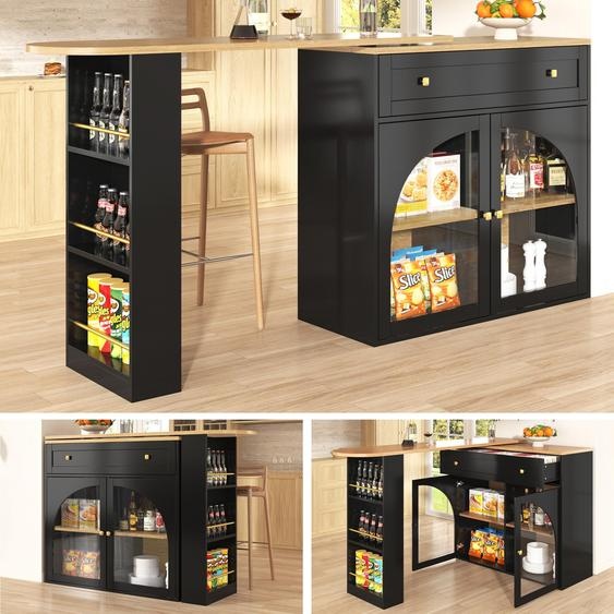 Fortuna Lai Table de bar extensible avec espace de rangement (138-204 × 39 × 104 cm), plateau pivotant à 360°, table de bar moderne et mobile, table de cuisine haute, table de bistrot, buffet avec étagères et vitre, noir