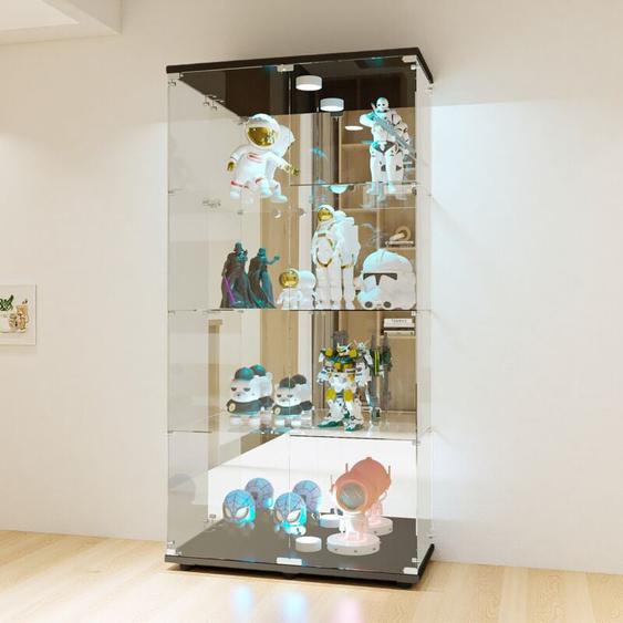 Fortuna Lai - Vitrine en verre led 4 étagères, 80x36x163cm, étagère en verre avec 2 portes, virtine sur pied - Noir