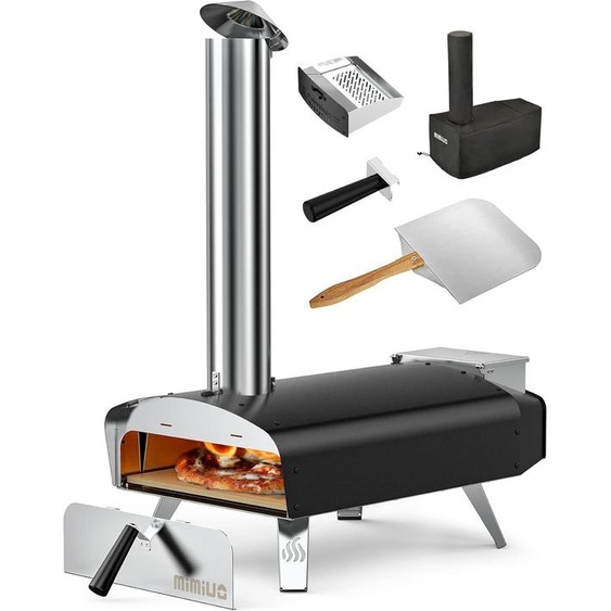 Four à bois et à pellets pour lextérieur, modèle classique en forme de W avec revêtement noir, livré avec une pierre à pizza et une pelle à pizza pliable.