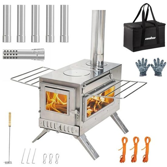Four à bois portable pour tente – Four de camping – Acier inoxydable – 7 tuyaux de cheminée – Pour chauffage de tente et activités de plein air – Facile à assembler – Protection contre la surpression – Argenté