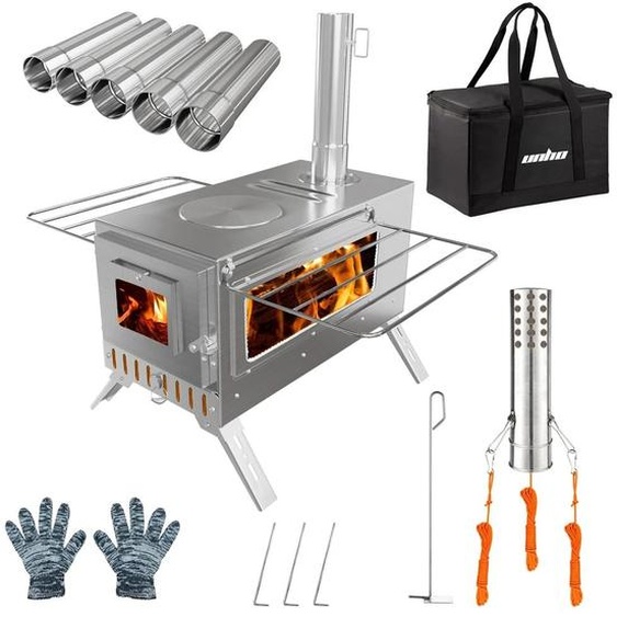 Four à bois pour lextérieur - Portable - Comprend 6 tuyaux de cheminée en acier inoxydable - Pour le chauffage et la cuisson - Argenté