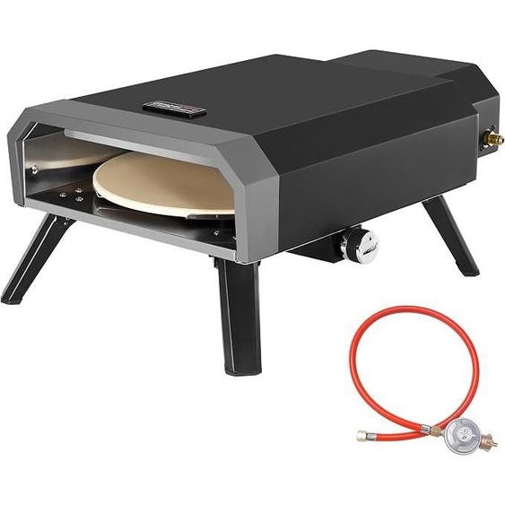 Four à pizza à gaz compact, comprenant : grill à pizza, pierre à pizza de 30 cm, four à gaz de 4 kW avec tuyau de gaz et régulateur, four avec pieds pliables pour camping en extérieur