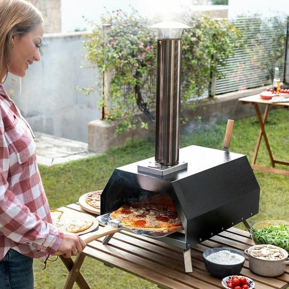 Four à pizza à granulés avec accessoires, design en acier inoxydable, portable pour une utilisation en extérieur, comprenant un thermomètre et une cheminée, ainsi quune plaque de cuisson en céramique