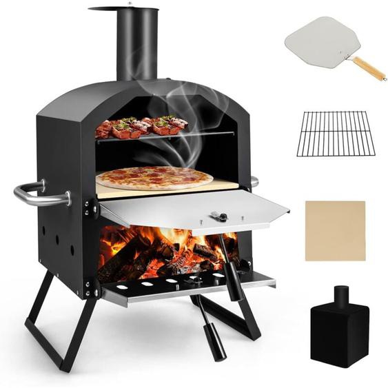 Costway - Four à Pizza Extérieur à 2 Couches Etagère du Milieu Amovible avec Pierre à Pizza,Grille , Pelle, Housse Etanche Cheminée