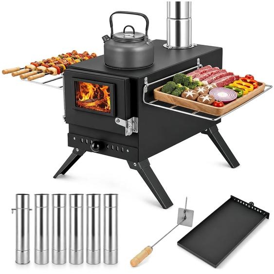 Four de camping portable - Four polycombustible - Pliable - Avec conduit de fumée - Pour le chauffage et la cuisson - En métal - Noir