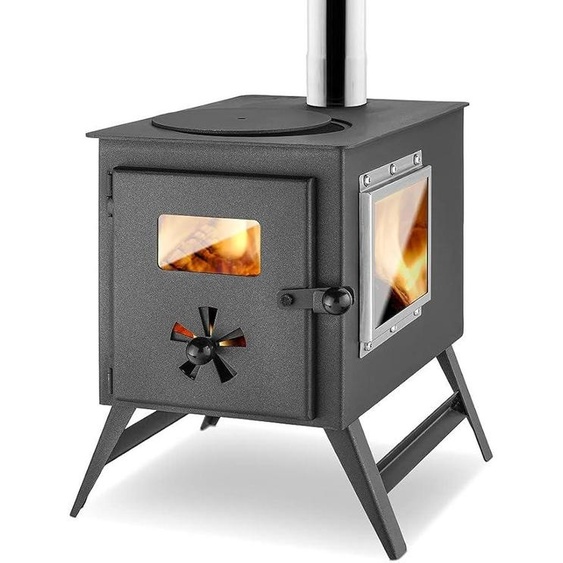 Four de jardin Hugo à trois vitres, avec plaque de cuisson, idéal pour le camping et les tentes, couleur noire | noir mat