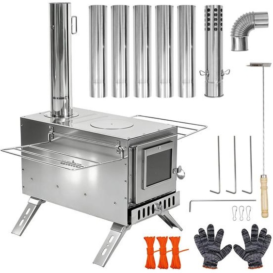 Four de tente à bois - Four dextérieur portable - 6 tuyaux de cheminée en acier inoxydable - Cheminée amovible - Pour le chauffage et la cuisson - Argenté