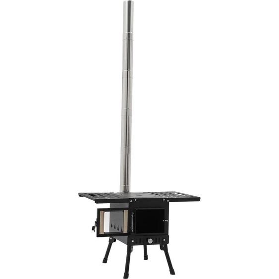 Four de tente Outdoor - Four à bois et à charbon - Conduit de fumée avec cheminée - Pliable 31,5×22×21 cm - Acier au carbone & acier inoxydable, verre - Poids 8 kg - Noir