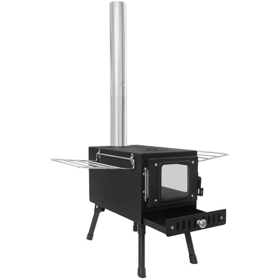 Four de tente portable - Four de camping pour bois et charbon - Cheminée en 5 parties, longueur 1,34 m - Pliable - Fenêtre de visualisation en verre - Plate-forme de rangement et compartiment à cendres - Noir