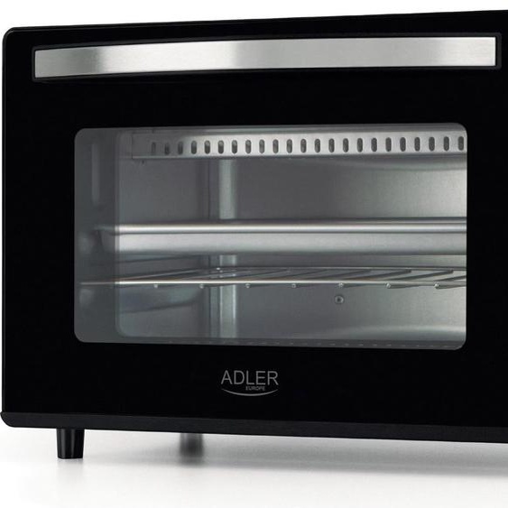 Four électrique avec grill, Adler, AD6032, plateau et poignée, puissance 650 W, alimentation 220/240 V ~ 50/60 Hz, prise de type E/F, minuterie 0/60 minutes, 36,5 x 28,5 x 22,1 cm, noir