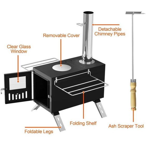 Four Zeltofen 2-en-1 - Four à bois - Portable - Acier inoxydable - 7 conduits de fumée - Pour chauffage et cuisson en extérieur - Four pour sauna - Noir