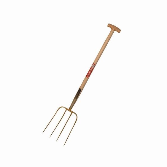 Fourche à fumier 4 dents, manche en T 85cm frêne, 31x23cm, laqué or
