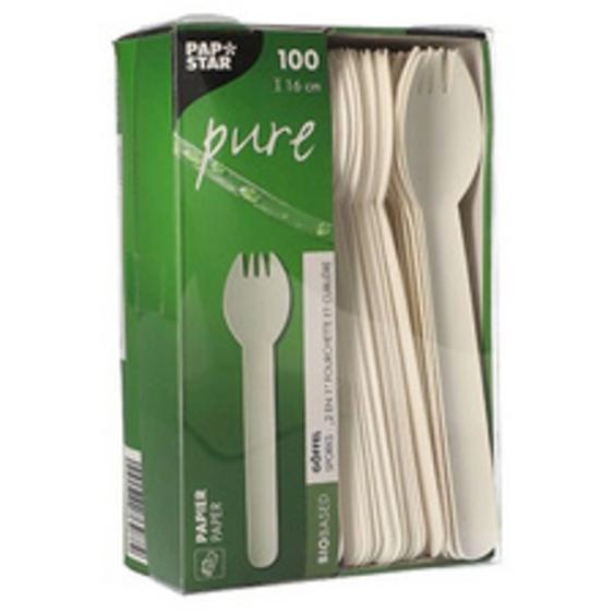 Fourchette et cuillère 2en1 en papier pure, blanc