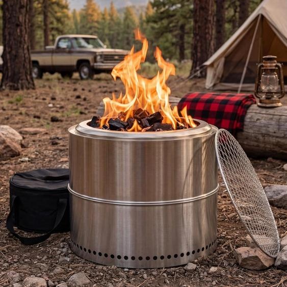 Foyer à bois portable en acier inoxydable, barbecue et cheminée dextérieur avec cendrier pour le jardin et la terrasse, modèle Fire Pit BBQ