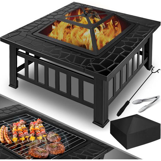 Kesser - Foyer avec grille & pince à griller Bac à feu 82x82x50cm 3in1 Multifonctional Fire Pit pour chauffage/BBQ Grill Jardin Terrasse Noir (Carré)