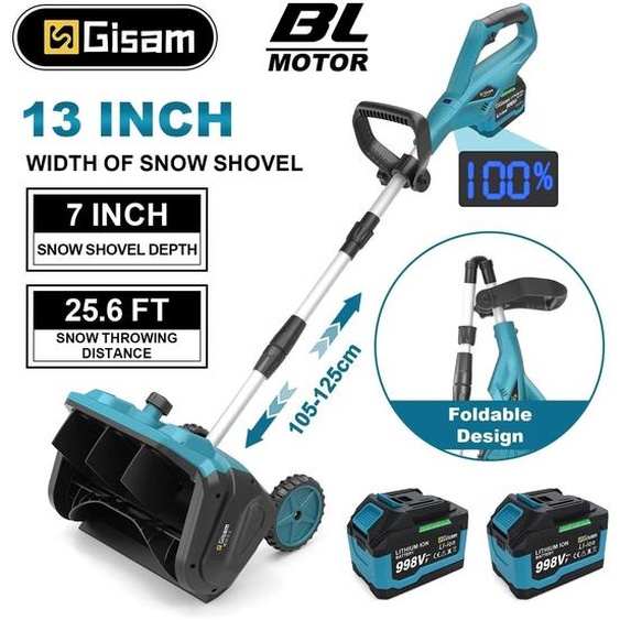 Fraise à neige - Alimentée par batterie, sans fil, sans balais - Largeur de déblaiement : 33 cm - Portée de projection : jusquà 7,8 m - Kit comprenant 2 batteries - Noir