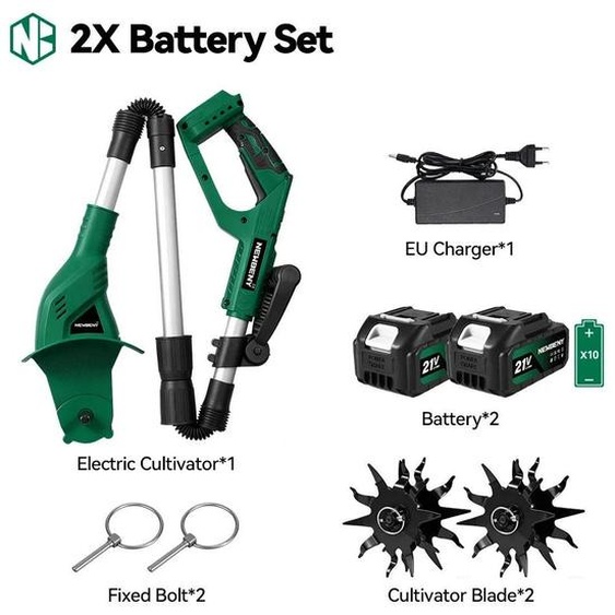 Fraise rotative électrique pour jardin - Motoculteur - Batterie 21V 3,0Ah incluse - Profondeur de travail de 15 cm, largeur de travail de 20 cm - Pliable - Prise européenne 100–240V