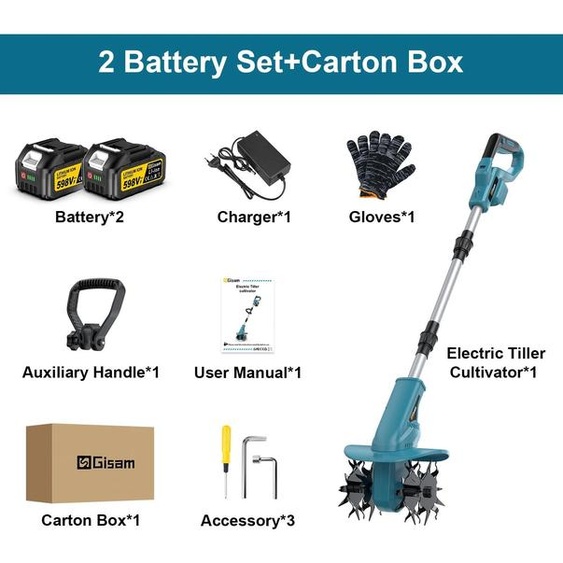 Fraise rotative électrique pour jardin - Motoculteur électrique sans balais 18V - Outil de jardin sur batterie - 2 batteries rechargeables - Pour ameublir le sol - 2 batteries