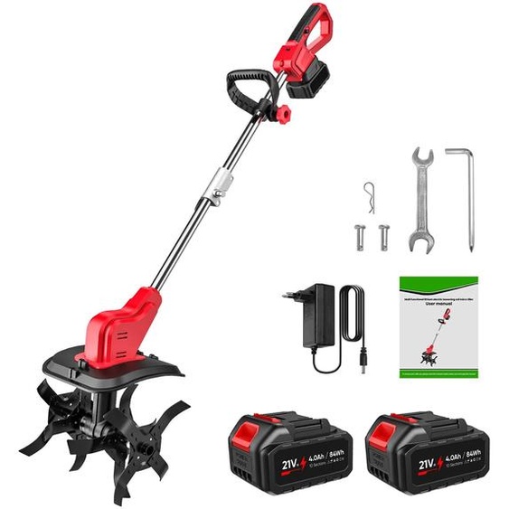 Fraise rotative électrique pour le sol - Motoculteur manuel - 2 batteries - 550 W - 21 V - Largeur de travail : 30 cm - Profondeur de travail : 22 cm - Diamètre de la lame : 22 cm