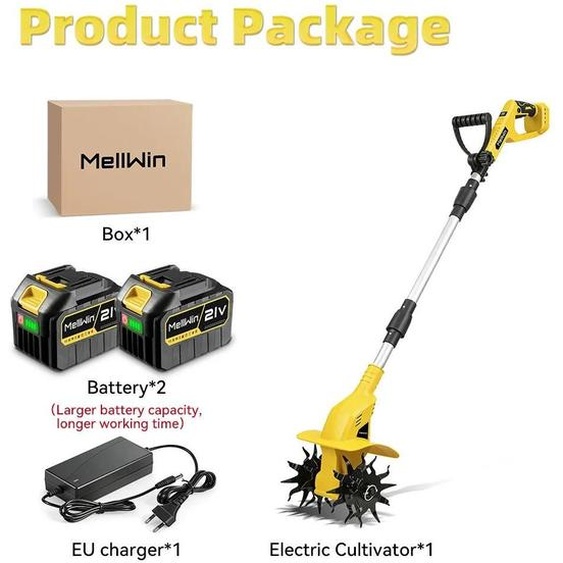 Fraise rotative électrique pour sol - Cultivateur de jardin - 1600W, 1000 tr/min - Largeur de travail 22 cm, profondeur 16 cm - Lames de 160 mm - Livré avec 2 batteries de 4,5 Ah
