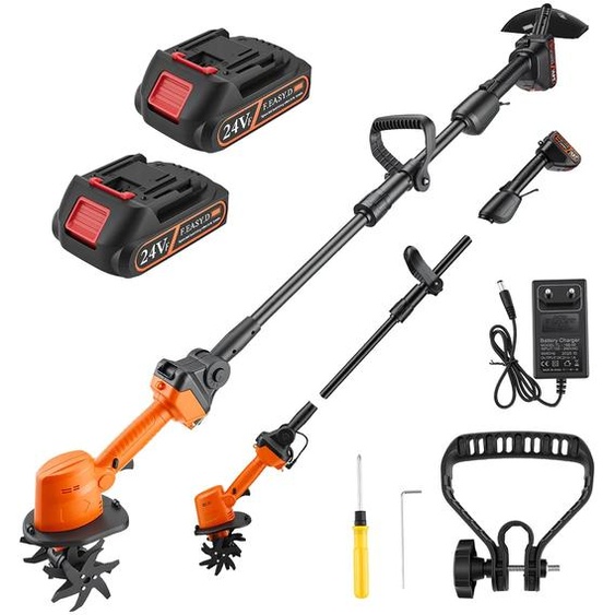 Fraise rotative et cultivateur - Fraise rotative électrique 2-en-1 pour le jardin - Sans fil - 21 V - Manche télescopique - Pour ameublir le sol et créer des sillons - Orange
