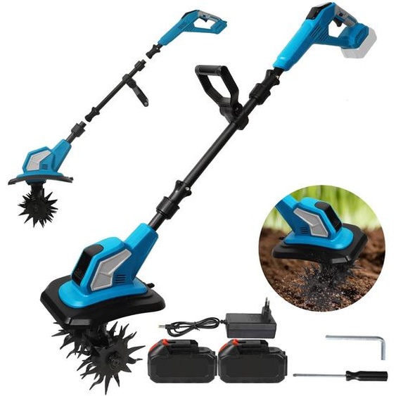 Fraise rotative manuelle - Mini-cultivateur électrique - 600 W - Batterie lithium-ion - 2 batteries - Pour ameublir la terre