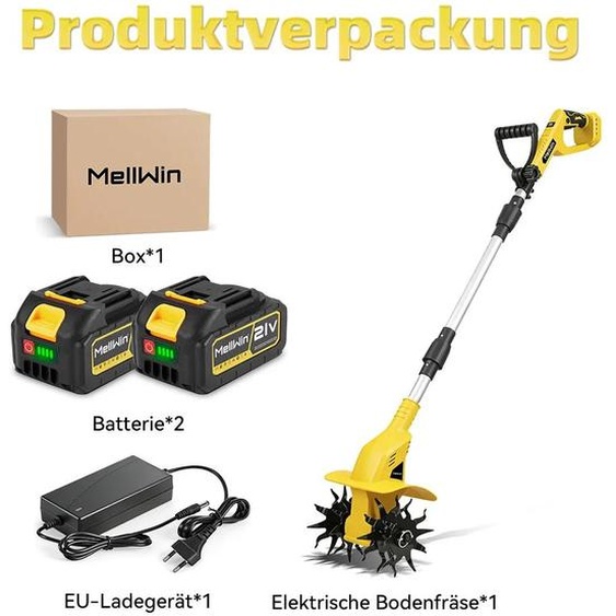 Fraise rotative pour jardin sur batterie - Broyeur de sol électrique - Moteur 1600W - 1000 tr/min - Largeur de travail 22 cm - Profondeur de travail 16 cm - 2 batteries 3,0Ah 18V