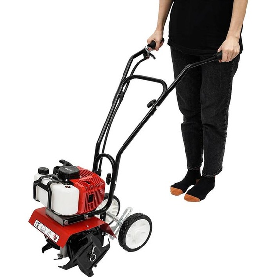 Fraiseuse de jardin, moteur deux temps, profondeur de travail réglable, rouge