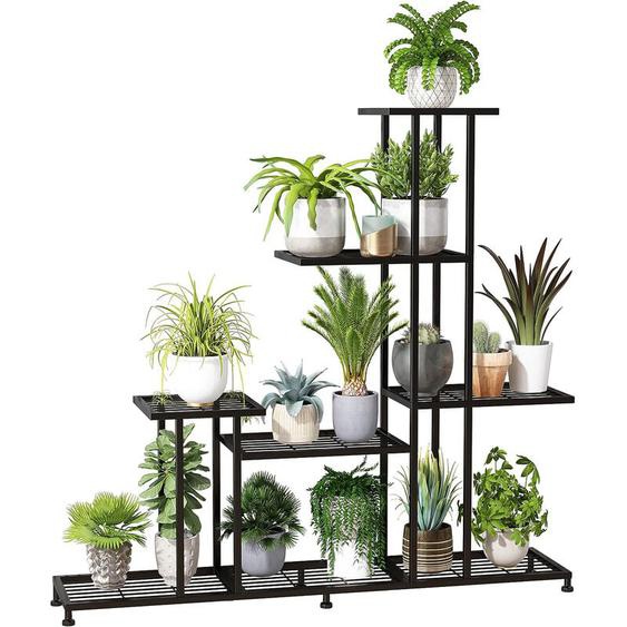 Porte Plante Fer Forgé Étagère Plante avec 8 Tablettes Support Pot de Fleurs Noir, Convient pour Maison Balcon Jardin Terrasse, Charge Max 50kg