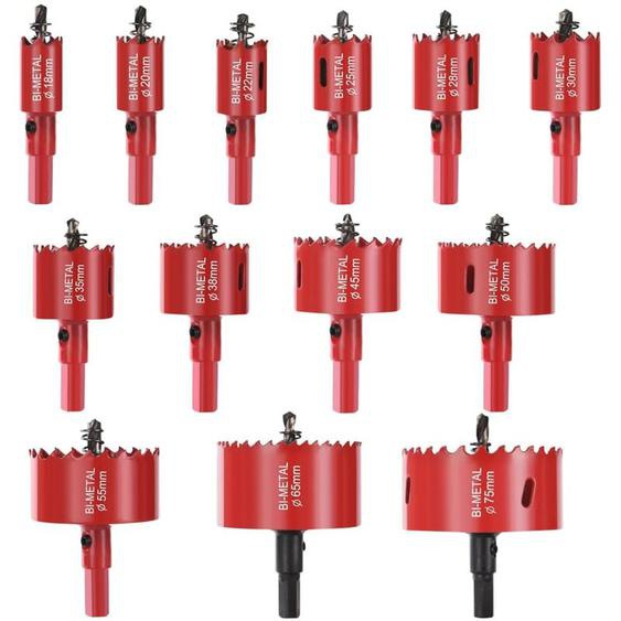 Scie Cloche Bi-métal, Coffret de Trépan 13 pcs (avec 13 Mandrins, Clé Hexagonale et ressorts) Lame de Scie Ø18-75mm pour Percer Plastique, pvc, Bois,