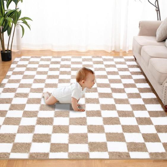 Tapis Salon Shaggy 160 x 230 cm Descente de lit Tapis Poils Longs Doux pour Salon Chambre Canapé Moelleux Chambre Blanc café