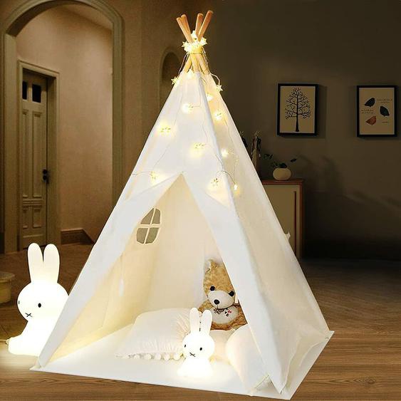Tente De Jeu Tipi avec Guirlande Tente Grande intérieure extérieure Blanc Toile Indian Teepee Portable Tente Maison