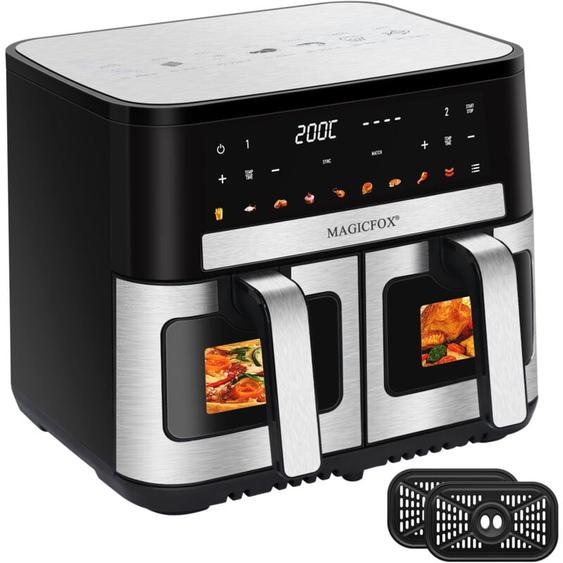 Friteuse sans Huile 10L MAGICFOX avec 2 Tiroirs, Fenêtre Visible, 9 Programmes, Panneau Tactile LED, Smart Finish&Match Cook - Acier