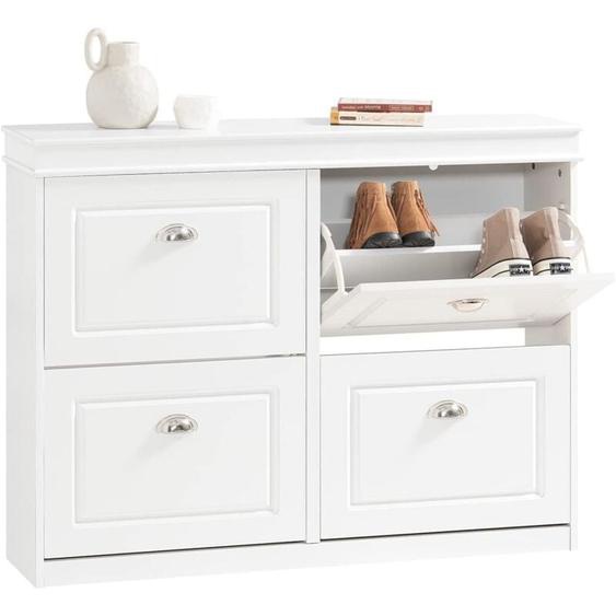 Meuble à Chaussures 16 Paires, 4 Abattants, Séparateurs Réglables, Ventilation Dos Semi‑Ouvert, Blanc mdf, L105×P24×H83 cm Sobuy FSR79-W