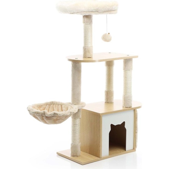 Fudajo Arbre à chat Bois Beige 106cm Griffoir Maisonnette Hamac Balle Jeu Ludique Animal domestique
