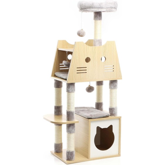 Fudajo Arbre à chat Bois Gris 126cm Griffoir Maisonnette Hamac Balle Jeu Ludique Animal domestique