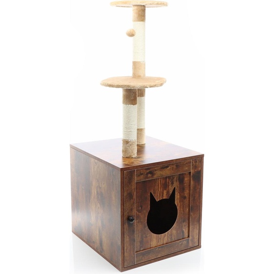 Fudajo Arbre à chat design en bois avec Boîte brun vintage Meuble de grattage polyvalent et Litière
