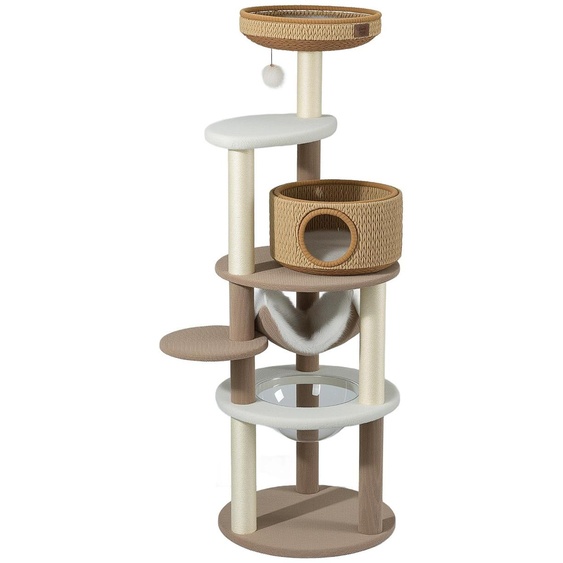 Fudajo Forest Lodge : Arbre à chat beige de 168 cm, comprenant une maison pour chat, un lit pour chat, une hamaca, un espace de repos transparent et des poteaux à griffer en corde de papier