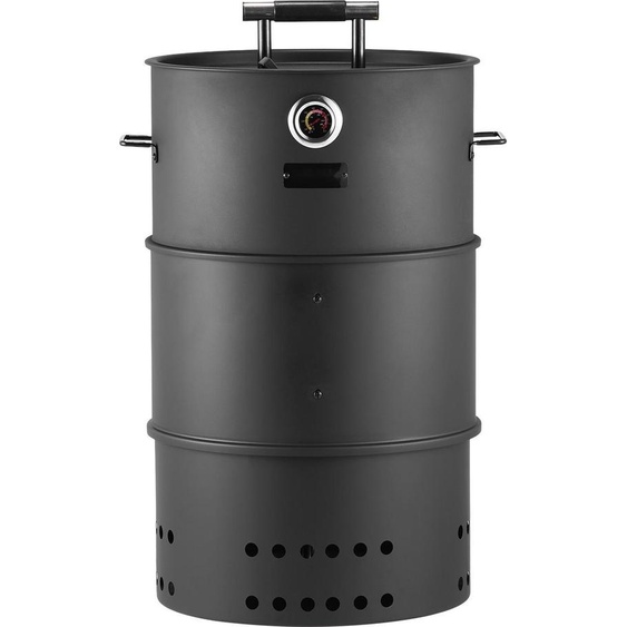 Fumoir - BBQ-Smoker Barbecue au charbon de bois - 47 cm de diamètre - 2 grilles - Barre de suspension & 6 crochets - Thermomètre intégré - Acier revêtu